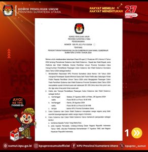 Syarat Pendaftaran Pasangan Calon Gubernur dan Wakil Gubernur Sumatera Utara Tahun 2024