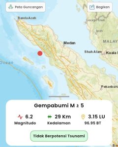 Titik Gempa Aceh M6,2 Berpusat di Kota Tapaktuan