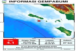 Gempa Bumi Tektonik M4.1 Guncang Simeulue, Warga Sinabang Rasakan Getaran